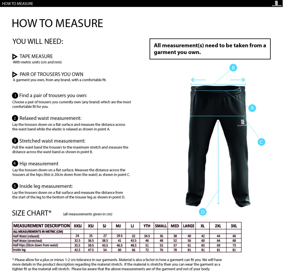 Poplin Track With Lycra - Unisex Fit - Size Guide